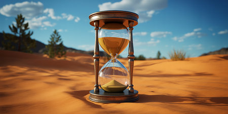 Sandglass in the desert. 3d render. Time concept.の素材