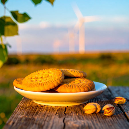 cookies with sunflower seeds on a wooden table against the background of wind turbinesの素材