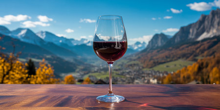 Glass of red wine on the background of Dolomites mountains, Italyの素材