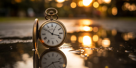 Vintage pocket watch on the background of the city at night.の素材