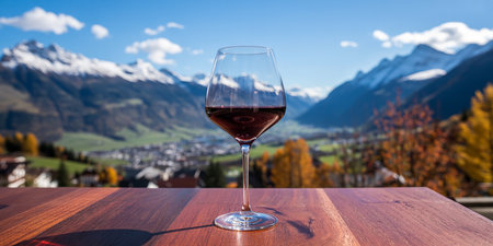 Glass of red wine on the background of the Alps, Switzerland.の素材