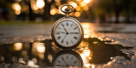 Vintage pocket watch in a puddle at sunset. Selective focus.の素材