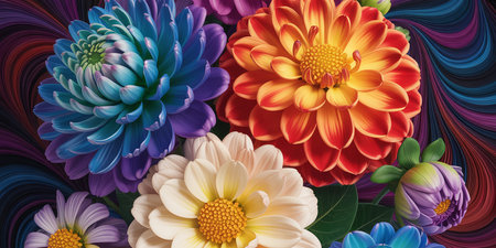 Colorful dahlia flowers on colorful background. 3d illustrationの素材