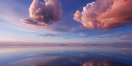 Beautiful sunset sky with clouds reflected in water. Nature composition.の素材