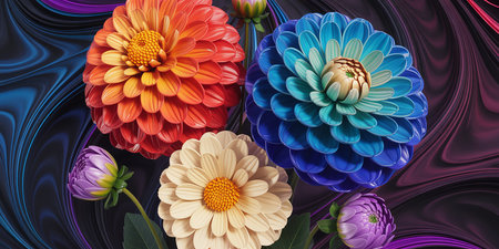 Colorful dahlia flowers on black background. 3d illustrationの素材