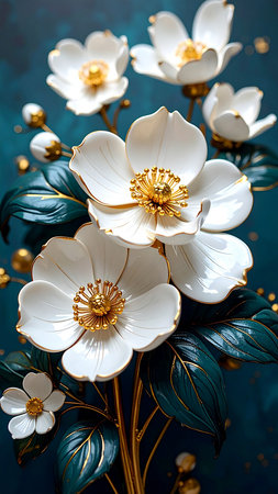 Beautiful white flowers on a blue background. Top view. Flat lay.の素材