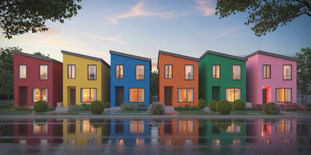 3D render of a row of multi-storey houses in the cityの素材