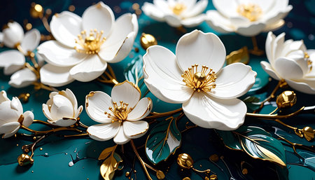 Beautiful white magnolia flowers on turquoise background, closeupの素材