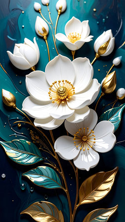 Beautiful white flowers on turquoise background. Flat lay, top viewの素材
