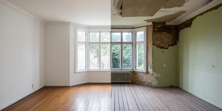 Interior of an empty room with old walls and wooden floor. Nobody insideの素材