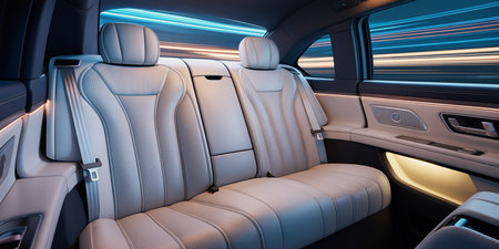 car interior with leather seats and light trails on the dashboard. 3d renderingの素材