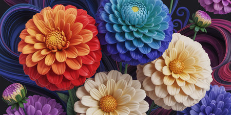 Colorful chrysanthemum flowers on a black background.の素材