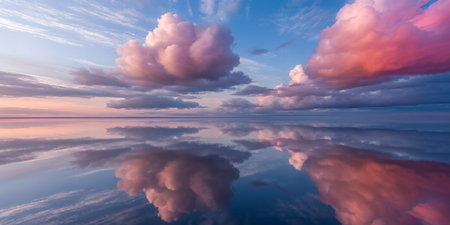 Beautiful sunset with clouds reflected in the calm water of the lakeの素材