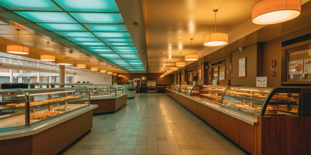Interior of a bakery shop with shelves and shelves full of cakesの素材