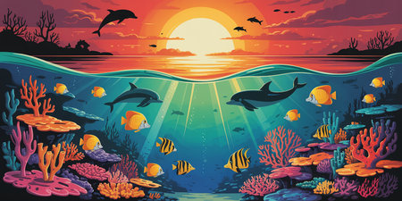 Underwater landscape with fishes, corals, algae and sun. Vector illustrationの素材