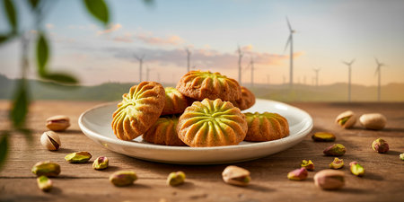 Pistachio cookies on wooden table with wind turbines in backgroundの素材