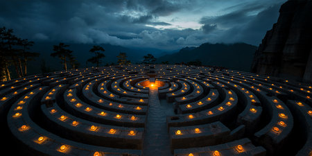 3d rendering of a night scene with a round lighted labyrinthの素材