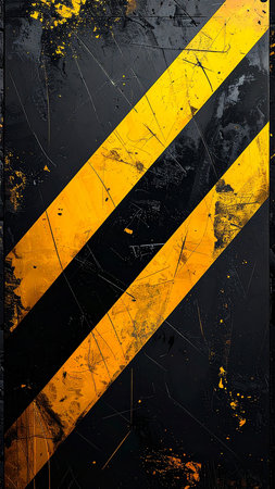 Grunge background. Black and yellow warning stripes on the wallの素材