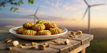 Pistachio cookies on wooden table with wind turbines on backgroundの素材