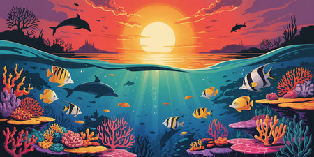 Underwater scene with fishes, corals and sun. Vector illustrationの素材