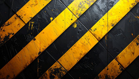 Yellow and black hazard stripes on a black background. 3d renderingの素材