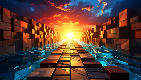 3d render of abstract background with blocks and sun in the skyの素材