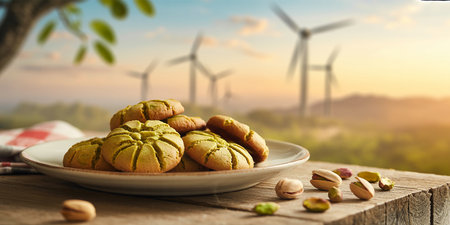 Pistachio cookies on a wooden table with wind turbine backgroundの素材
