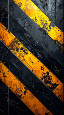 Grunge black and yellow stripes on the metal texture background.の素材