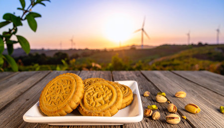 Moon cakes and wind turbine in the background at sunset, Taiwan.の素材