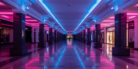 Luxury hotel corridor with neon lights. 3D rendering.の素材