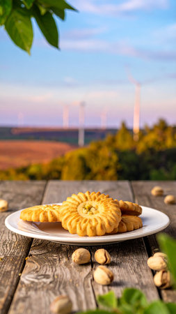 cookies with pistachios on a wooden table with wind turbines in the backgroundの素材
