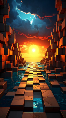 3d render of abstract background with cubes and sunset in the skyの素材
