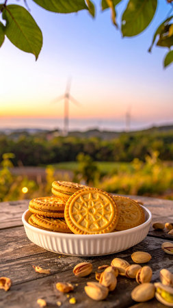 Pistachio cookies in a plate on a wooden table with wind turbines in the backgroundの素材