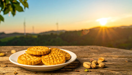 Pistachio cookies on wooden table with sunset sky background.の素材