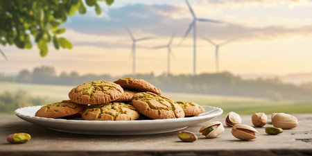 Plate with pistachio cookies on wooden table with wind turbines in backgroundの素材