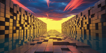 3d render of abstract background with golden cubes in the sky.の素材