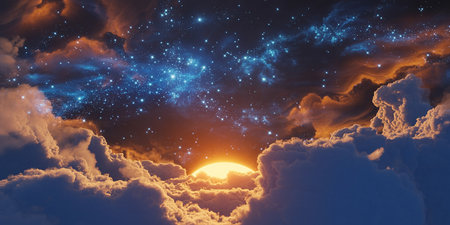 Sunset over the clouds with stars and nebula. 3D renderingの素材