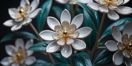 Beautiful white flowers on a dark background, close-up.の素材