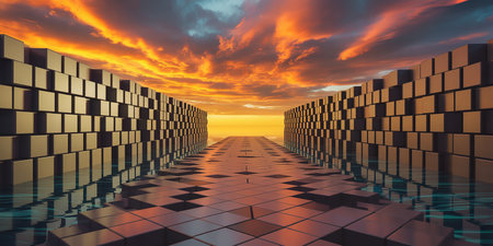3d render, abstract background with cubes in the form of a roadの素材