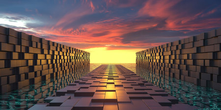 3d render of abstract background with cubes and sunset. 3d illustrationの素材