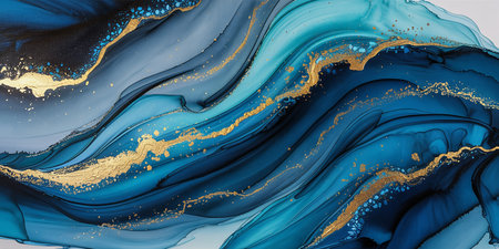 Blue and gold abstract background. Liquid marble pattern. Fluid art.の素材