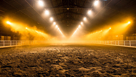 Rear view of a horse riding arena in a foggy nightの素材