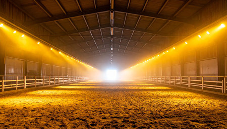 Stables in a horse stable at night, illuminated by spotlightsの素材