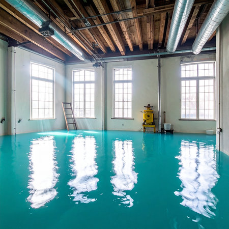 Interior of an old industrial building with a blue swimming pool.の素材