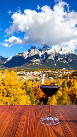 Glass of red wine on the background of autumn alpine landscape.の素材