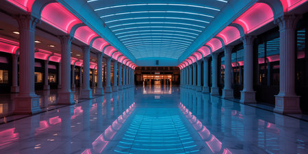 Futuristic corridor with glowing neon lights. 3D rendering.の素材