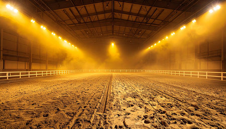 Foggy equestrian arena at night with lights and tracksの素材