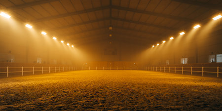 Horse stable at night with spotlights. 3D rendering.の素材