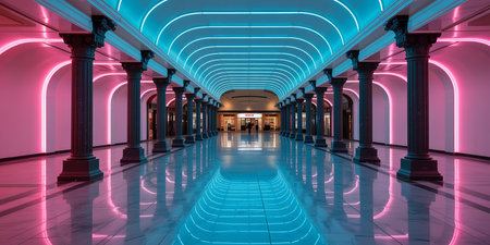 3d rendering of a long corridor with arches and neon lightsの素材