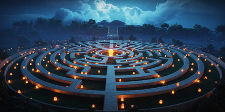 Maze of light in the garden at night. 3d renderingの素材